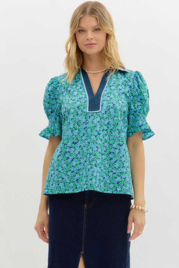 Floral Print Smock Puff Sleeve Top- Navy