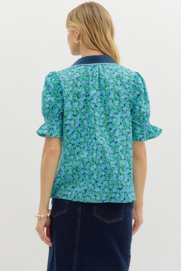 Floral Print Smock Puff Sleeve Top- Navy