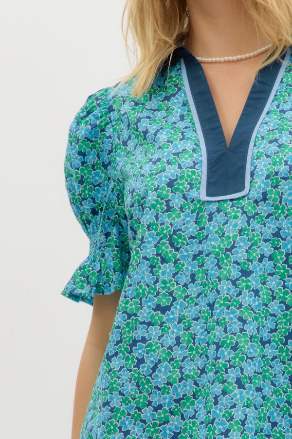 Floral Print Smock Puff Sleeve Top- Navy