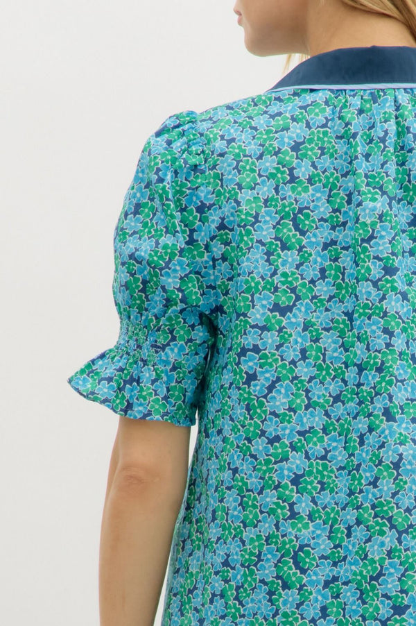 Floral Print Smock Puff Sleeve Top- Navy