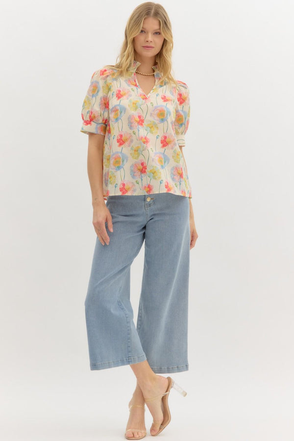 Floral Print Puff Sleeve Pullover Top- Cream