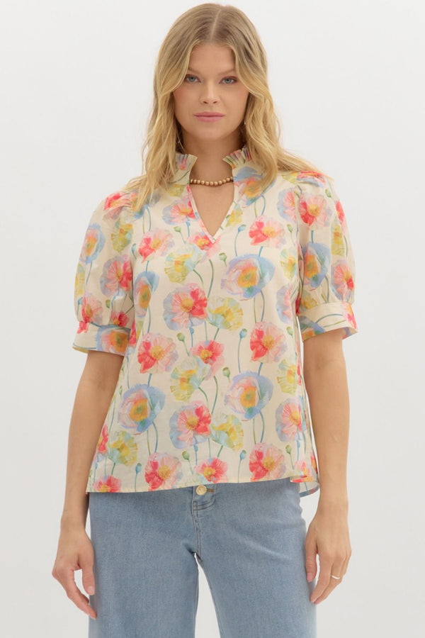 Floral Print Puff Sleeve Pullover Top- Cream