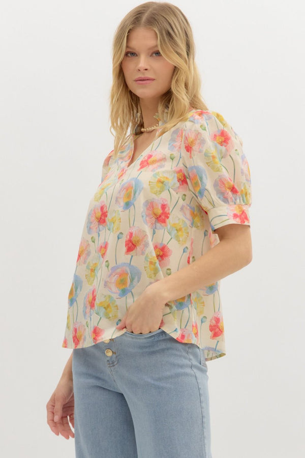 Floral Print Puff Sleeve Pullover Top- Cream