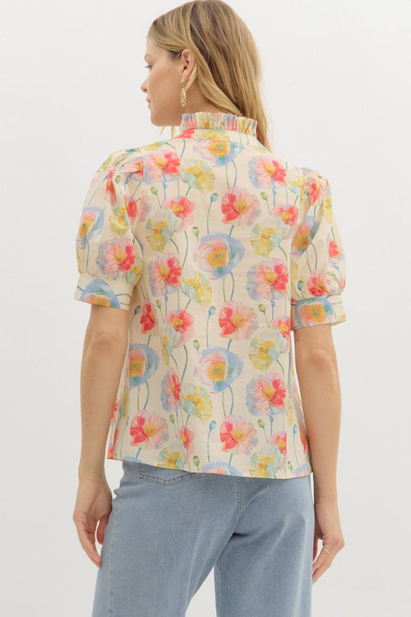 Floral Print Puff Sleeve Pullover Top- Cream