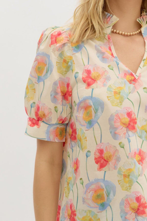 Floral Print Puff Sleeve Pullover Top- Cream