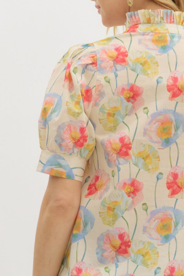 Floral Print Puff Sleeve Pullover Top- Cream