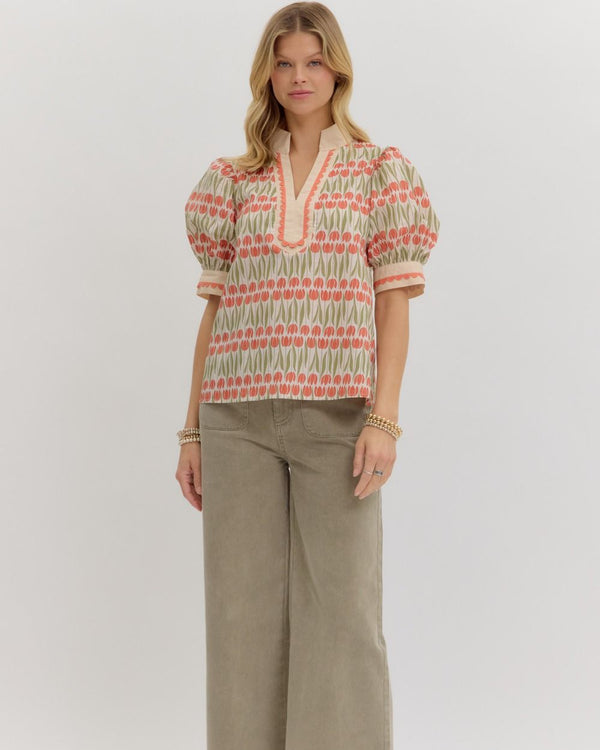 Floral Pattern Cuff Band Puff Sleeve Top- Ecru