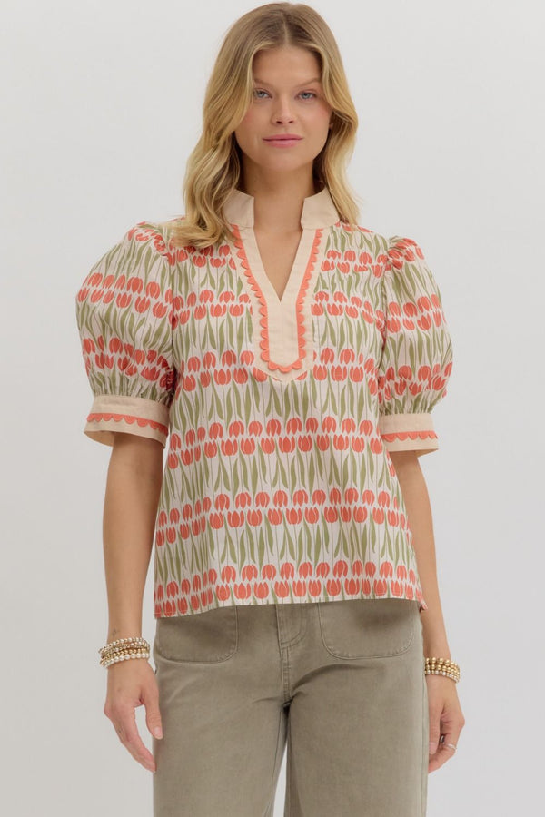 Floral Pattern Cuff Band Puff Sleeve Top- Ecru