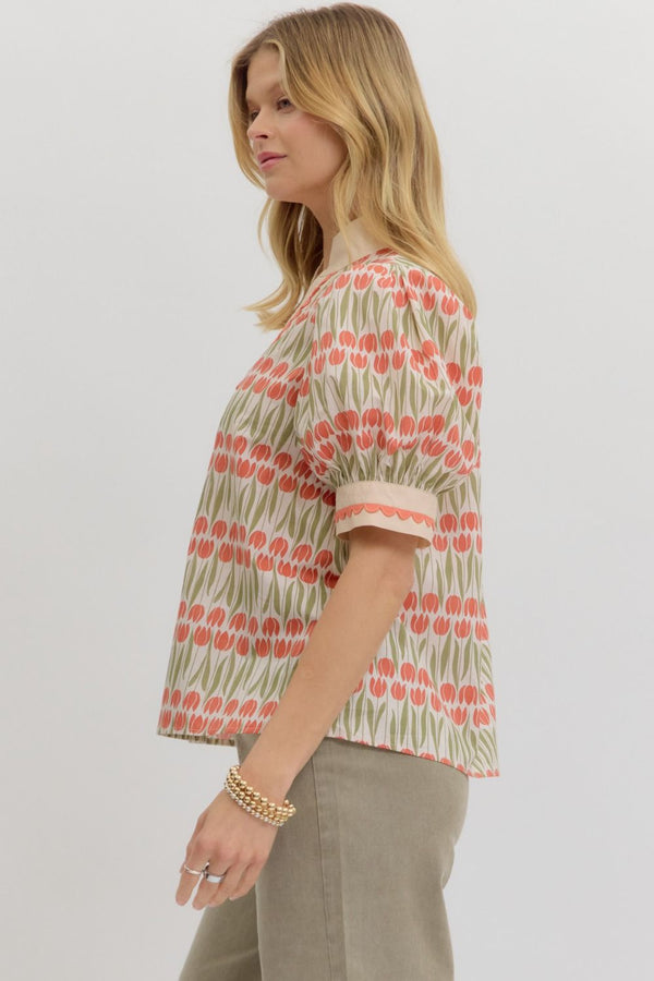 Floral Pattern Cuff Band Puff Sleeve Top- Ecru