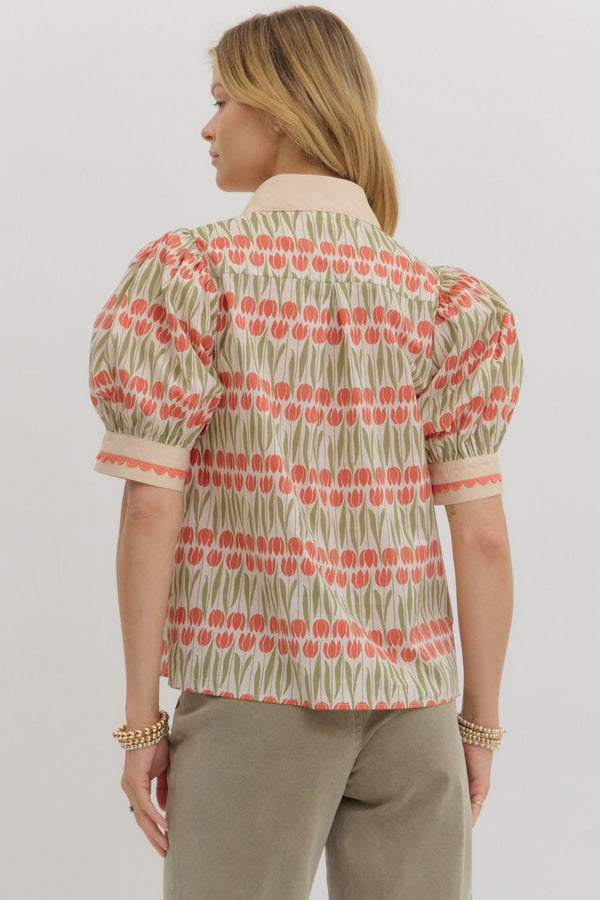 Floral Pattern Cuff Band Puff Sleeve Top- Ecru