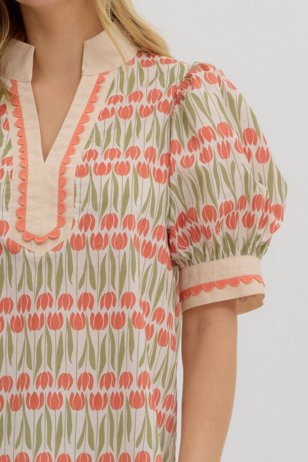 Floral Pattern Cuff Band Puff Sleeve Top- Ecru