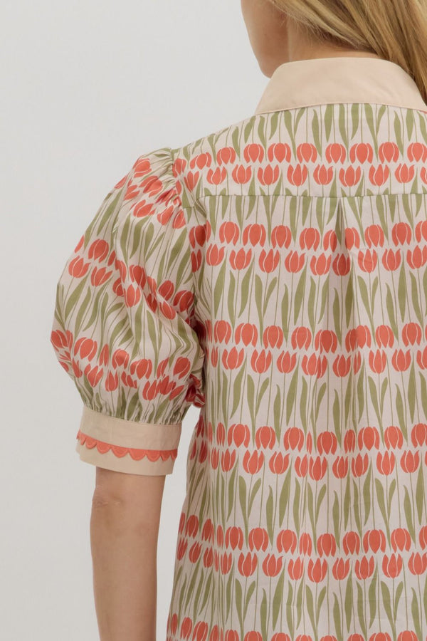 Floral Pattern Cuff Band Puff Sleeve Top- Ecru