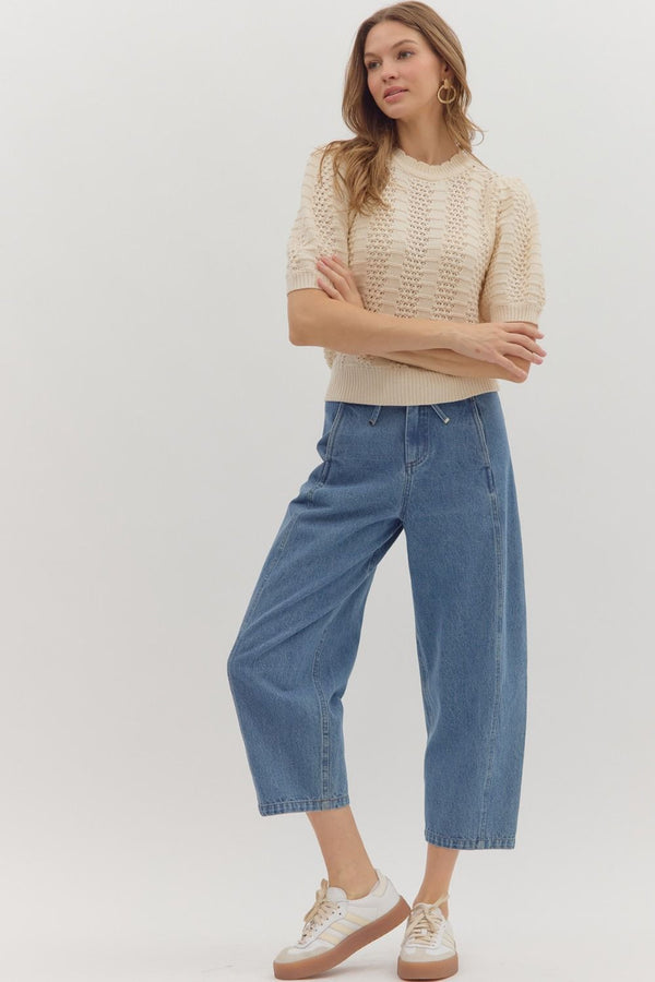 Solid Multi-Pattern Sweater Knit Pullover Top- Ecru