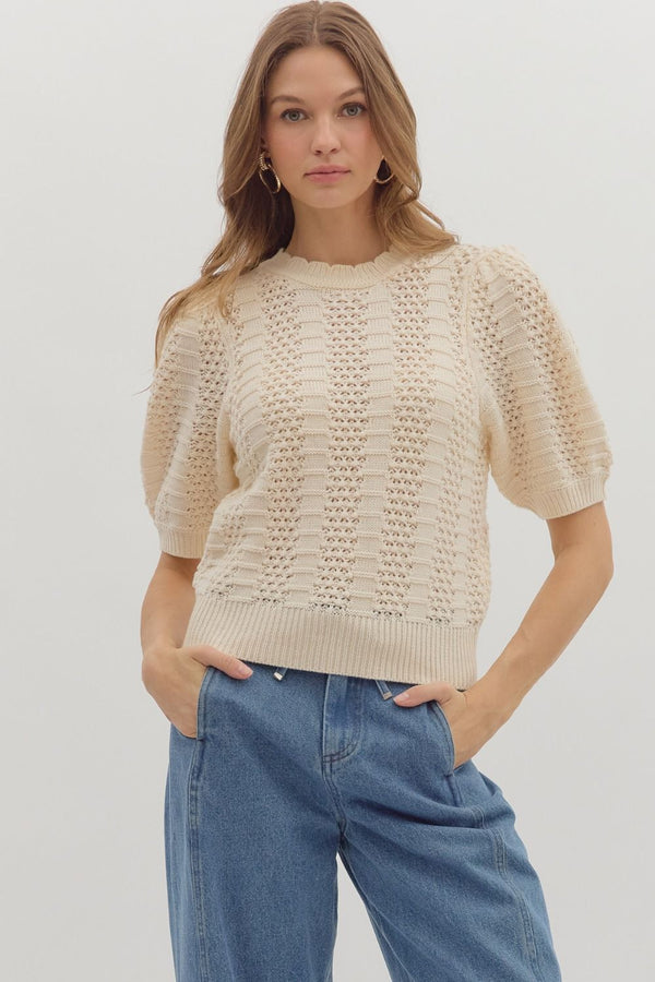 Solid Multi-Pattern Sweater Knit Pullover Top- Ecru