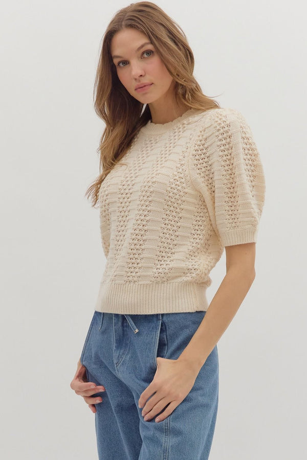 Solid Multi-Pattern Sweater Knit Pullover Top- Ecru