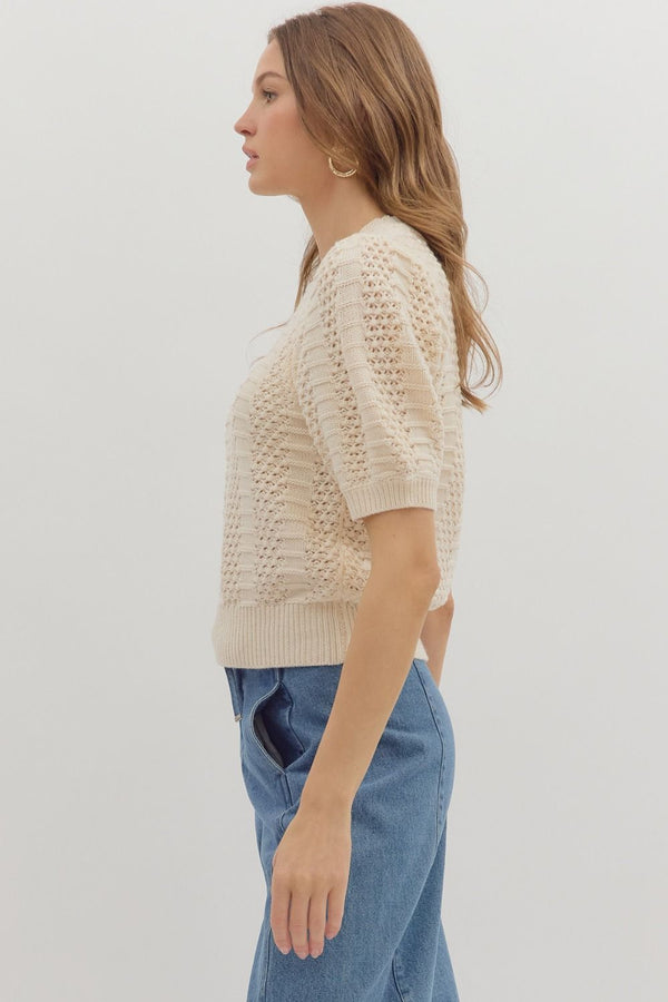 Solid Multi-Pattern Sweater Knit Pullover Top- Ecru
