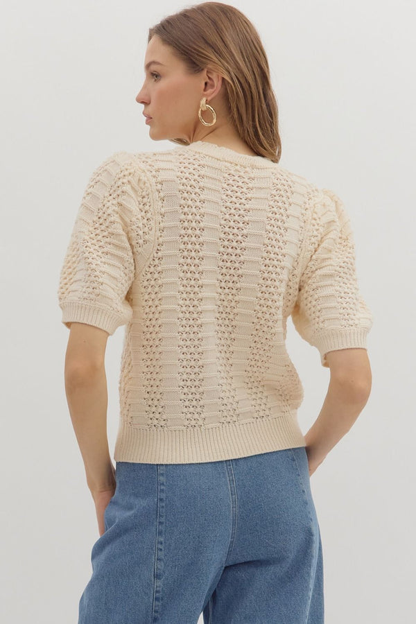 Solid Multi-Pattern Sweater Knit Pullover Top- Ecru