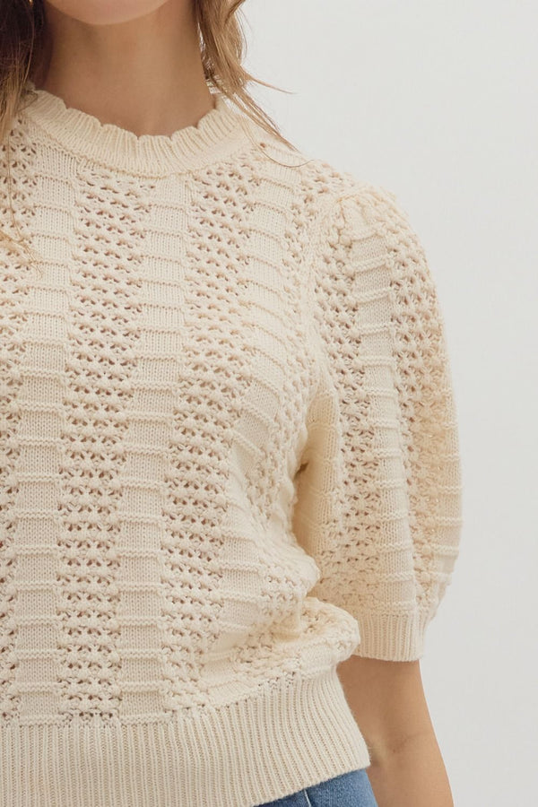 Solid Multi-Pattern Sweater Knit Pullover Top- Ecru