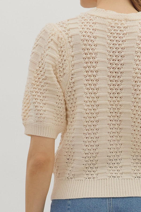Solid Multi-Pattern Sweater Knit Pullover Top- Ecru