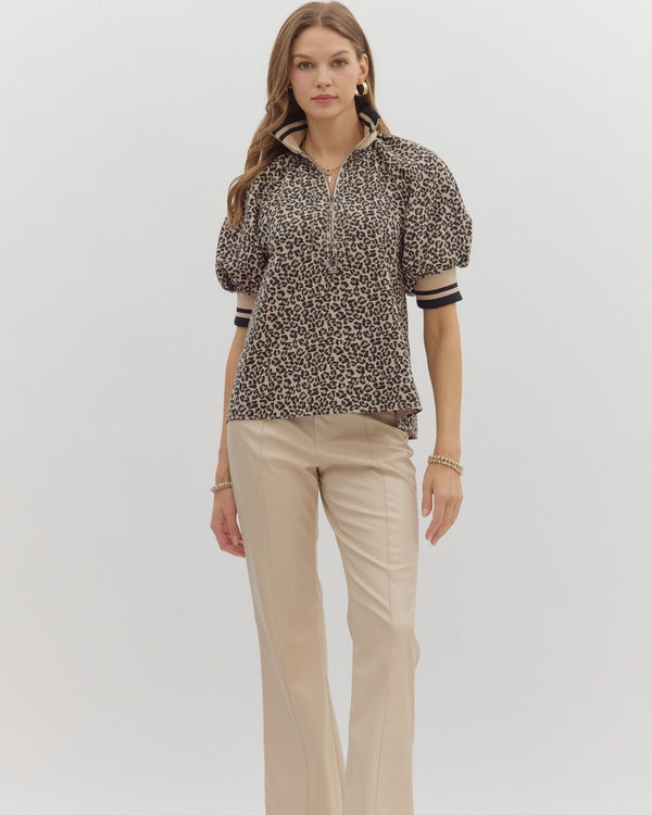 Leopard Pattern Puff Sleeve Half-Zip Top- Taupe
