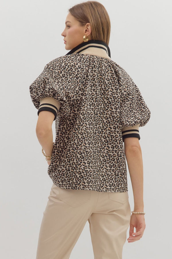 Leopard Pattern Puff Sleeve Half-Zip Top- Taupe