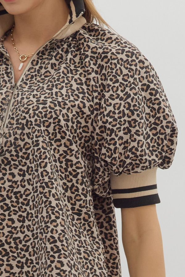 Leopard Pattern Puff Sleeve Half-Zip Top- Taupe