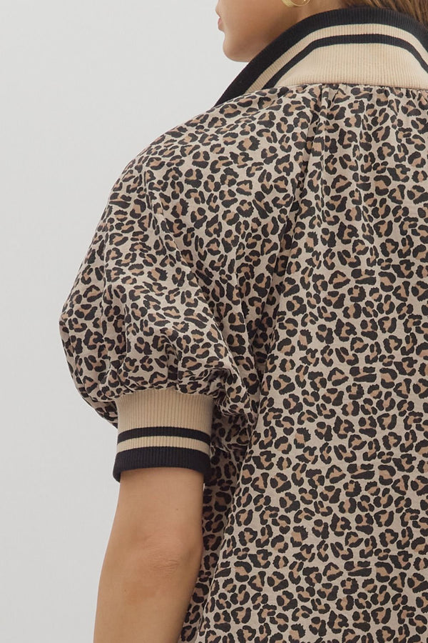Leopard Pattern Puff Sleeve Half-Zip Top- Taupe