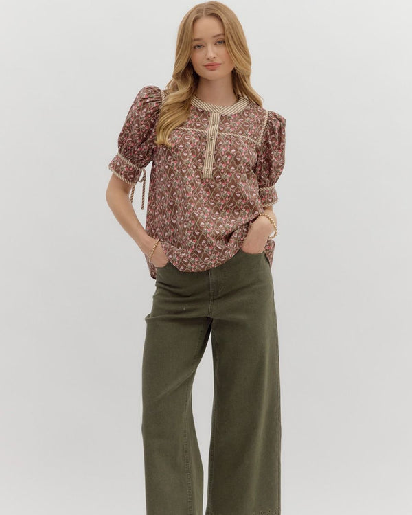 Multi-Floral Pattern Tie Closure Top- Brown