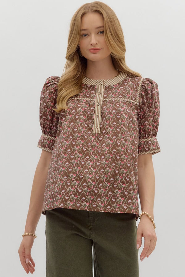 Multi-Floral Pattern Tie Closure Top- Brown