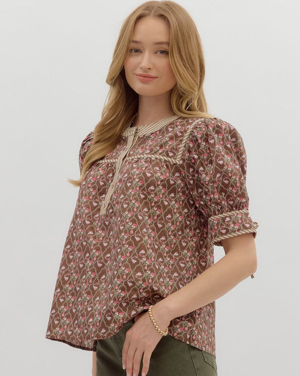 Multi-Floral Pattern Tie Closure Top- Brown