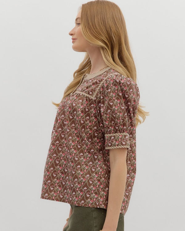 Multi-Floral Pattern Tie Closure Top- Brown