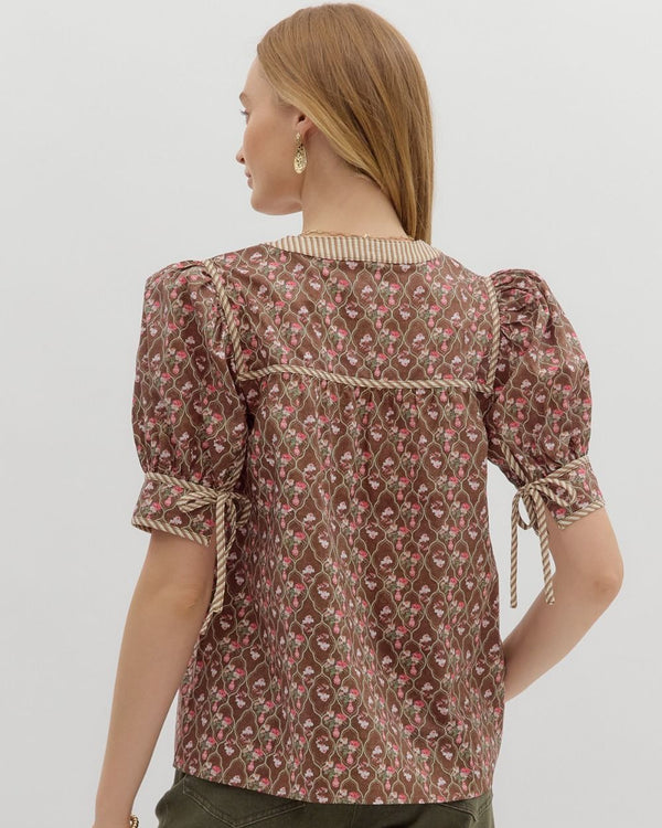 Multi-Floral Pattern Tie Closure Top- Brown