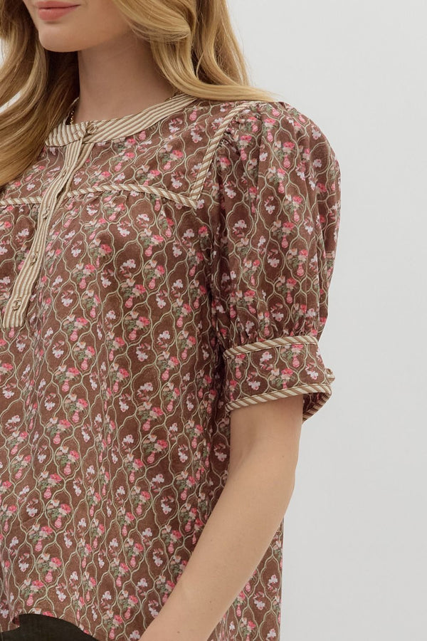 Multi-Floral Pattern Tie Closure Top- Brown