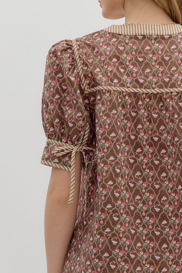 Multi-Floral Pattern Tie Closure Top- Brown