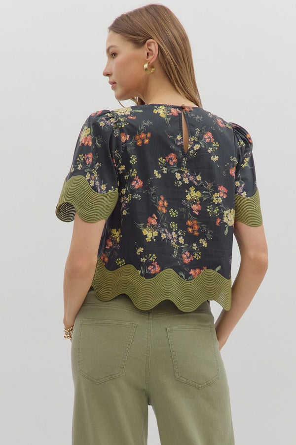 Floral Print Pullover Top- Black