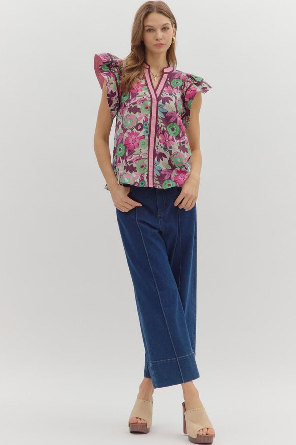Multi-Floral Flutter V-Neck Band- Plum