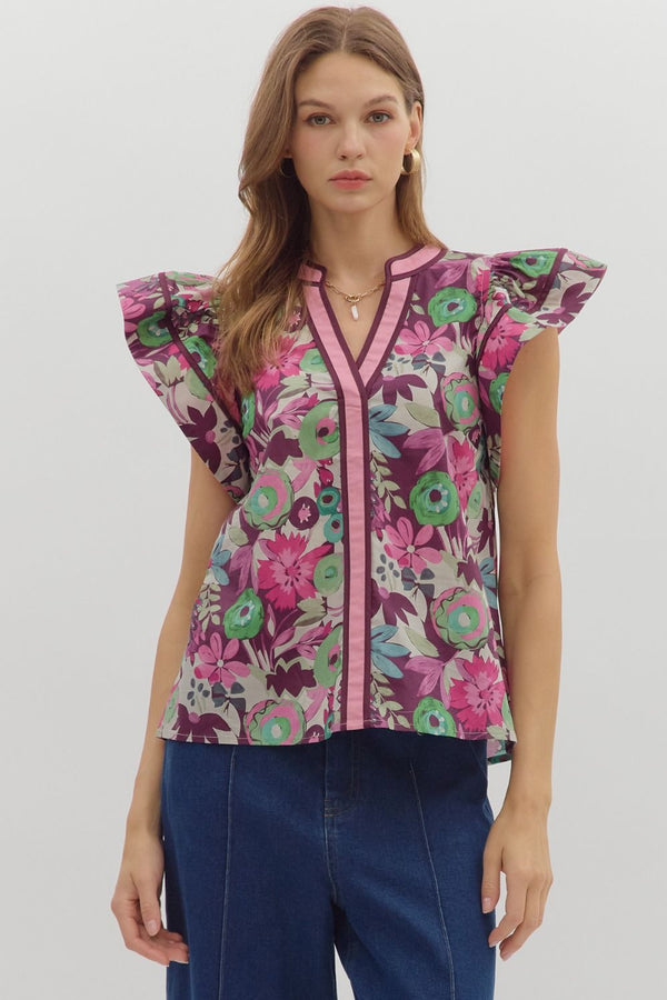 Multi-Floral Flutter V-Neck Band- Plum