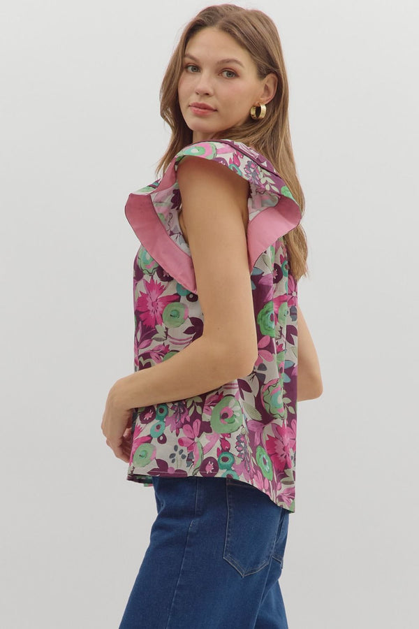 Multi-Floral Flutter V-Neck Band- Plum