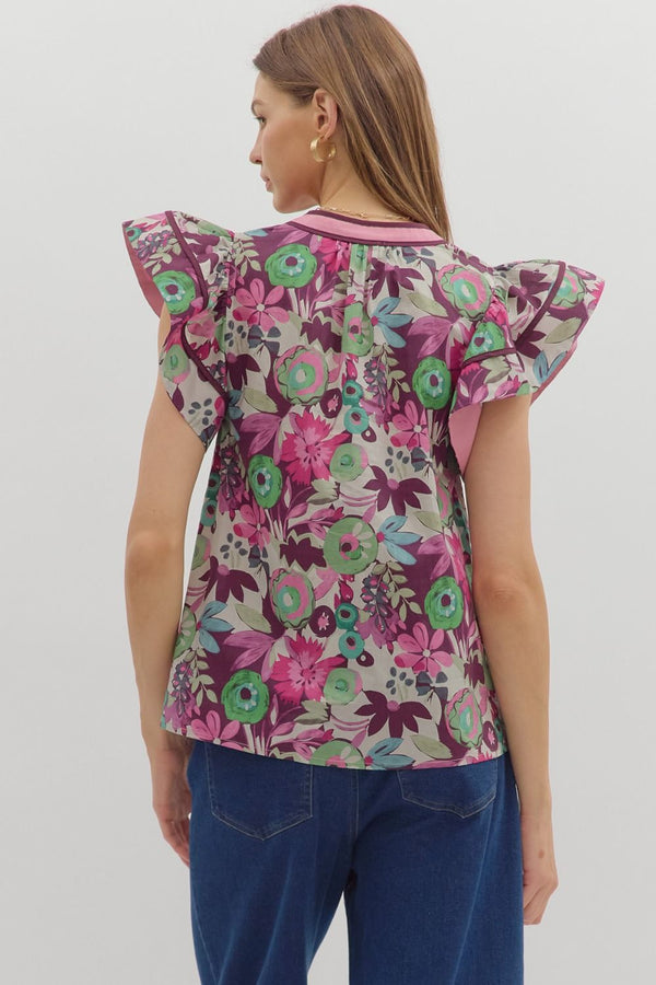 Multi-Floral Flutter V-Neck Band- Plum