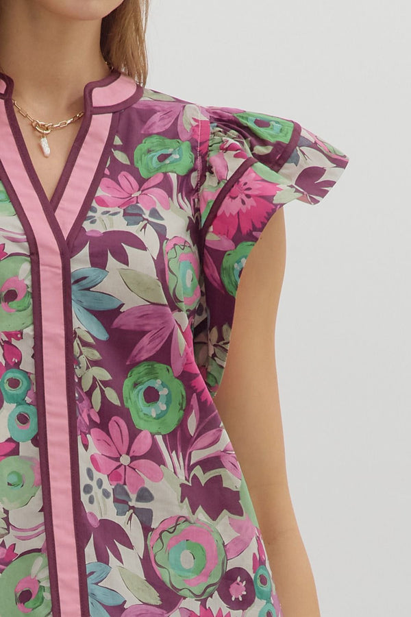 Multi-Floral Flutter V-Neck Band- Plum