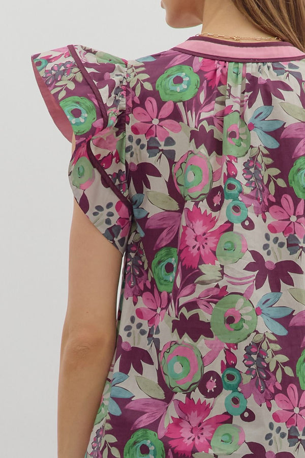 Multi-Floral Flutter V-Neck Band- Plum
