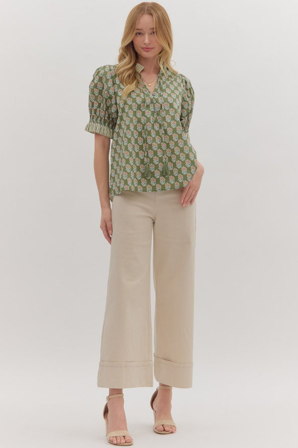 Botanical Print Puff Sleeve Top- Olive