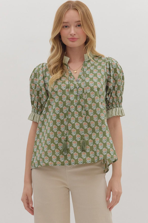 Botanical Print Puff Sleeve Top- Olive