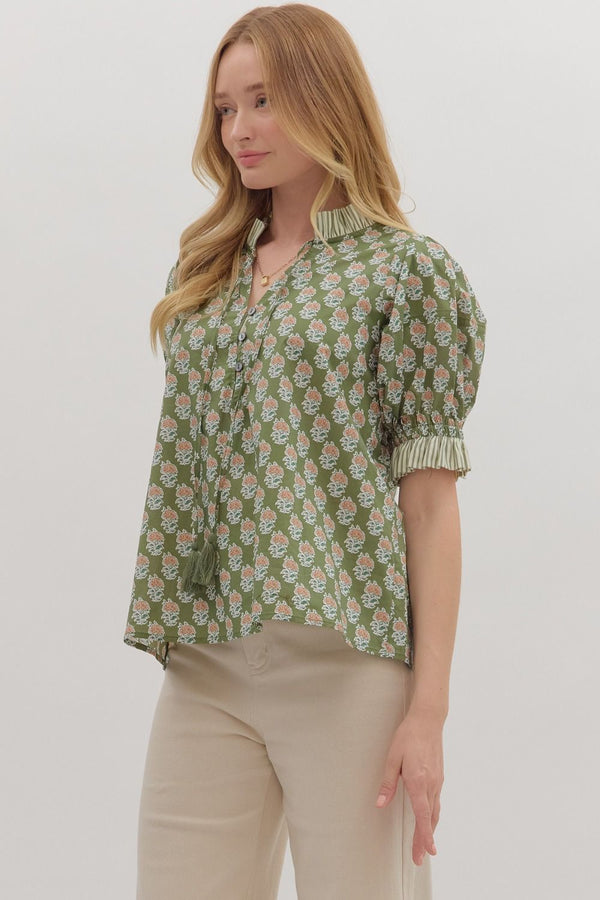 Botanical Print Puff Sleeve Top- Olive