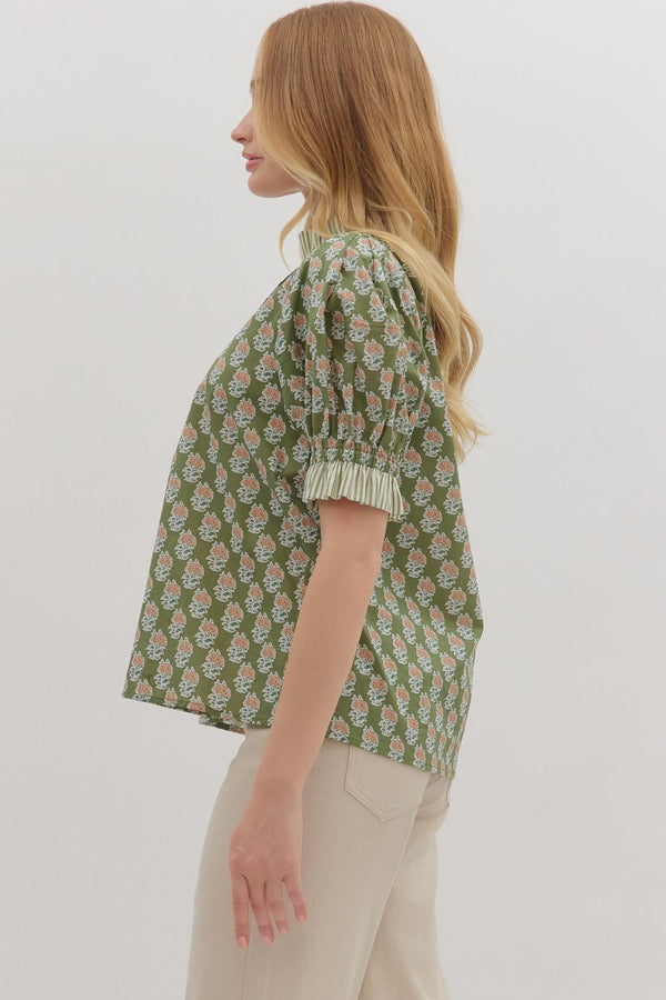 Botanical Print Puff Sleeve Top- Olive