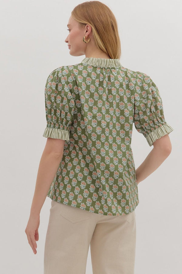 Botanical Print Puff Sleeve Top- Olive