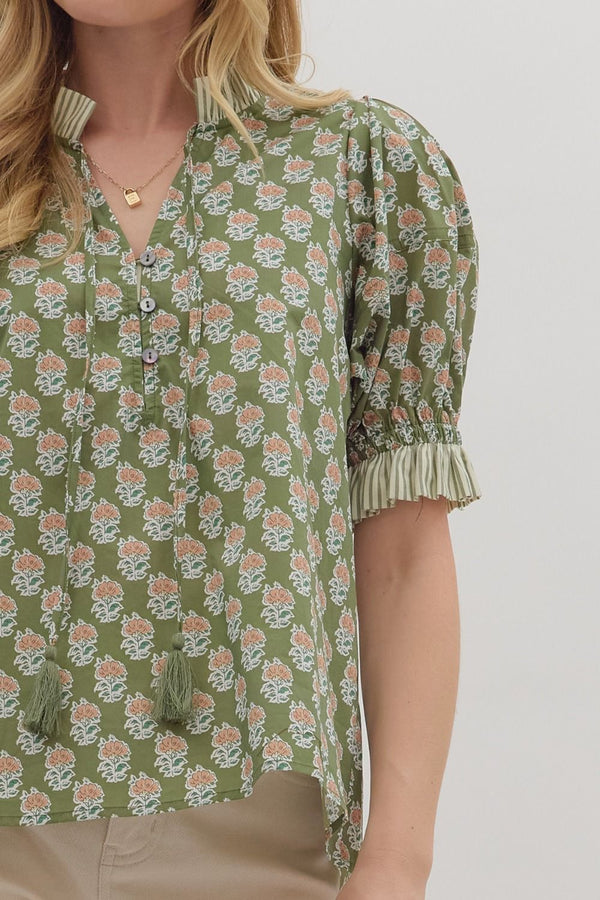 Botanical Print Puff Sleeve Top- Olive