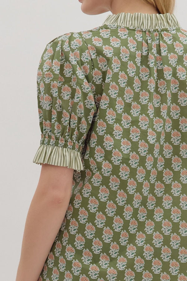 Botanical Print Puff Sleeve Top- Olive