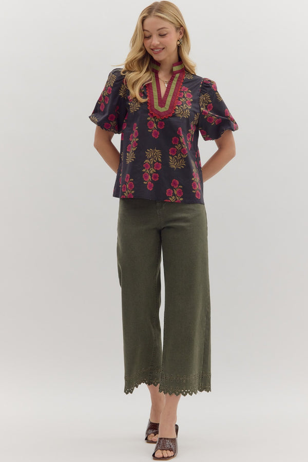 Floral Print Bubble Sleeve Top- Black