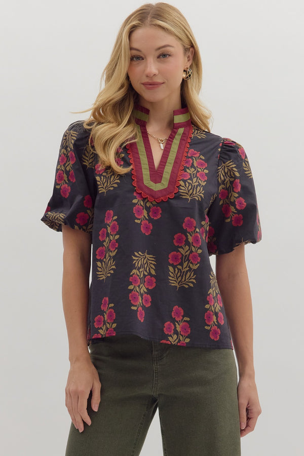 Floral Print Bubble Sleeve Top- Black